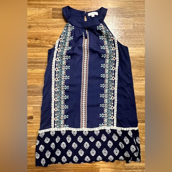 Women's THML Navy Blue Embroidered Halter Shift Dress boho resort wear Small EUC - Picture 9 of 9